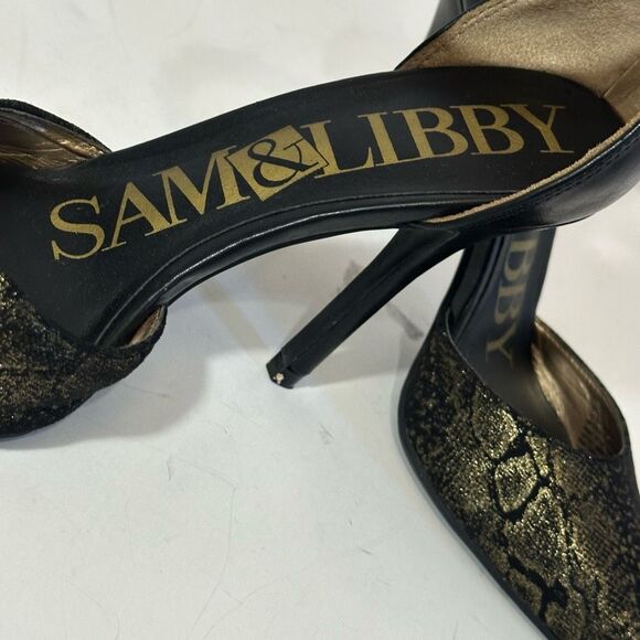 Sam & Libby Black Pointed-Toe Heels w/ Gold Chain Ankle Strap/Snakeskin embossed - Picture 14 of 16